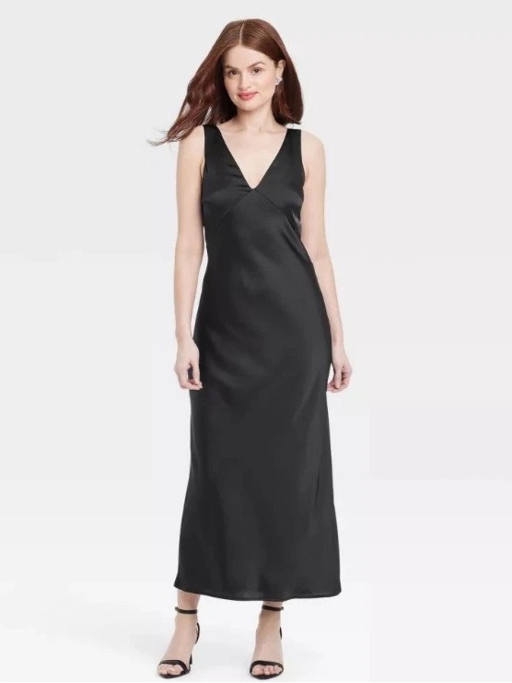 NWT Women’s Black V-Neck Satin Slip Dress S Elegant Evening Cocktail